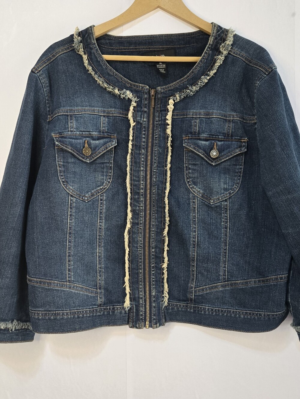 STYLE & Co. Size XL Medium Wash Jean Jacket, Zip Front  & Fray details